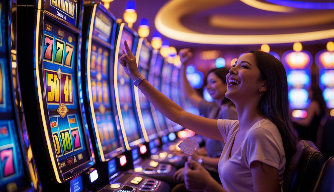Seorang pemain slot yang sedang merayakan kemenangan di depan mesin slot yang berwarna-warni di dalam kasino.