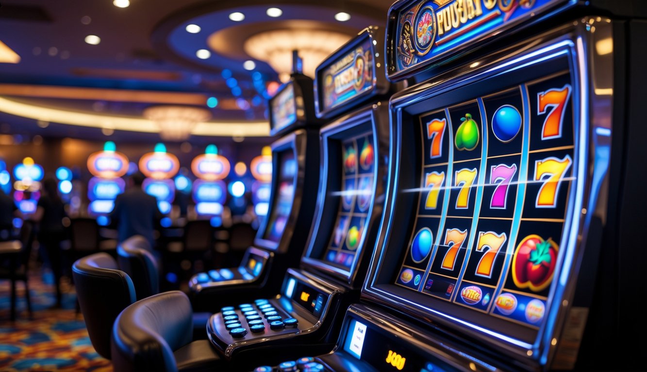 Mesin slot modern di dalam kasino dengan latar belakang orang-orang bermain dan pencahayaan hangat.