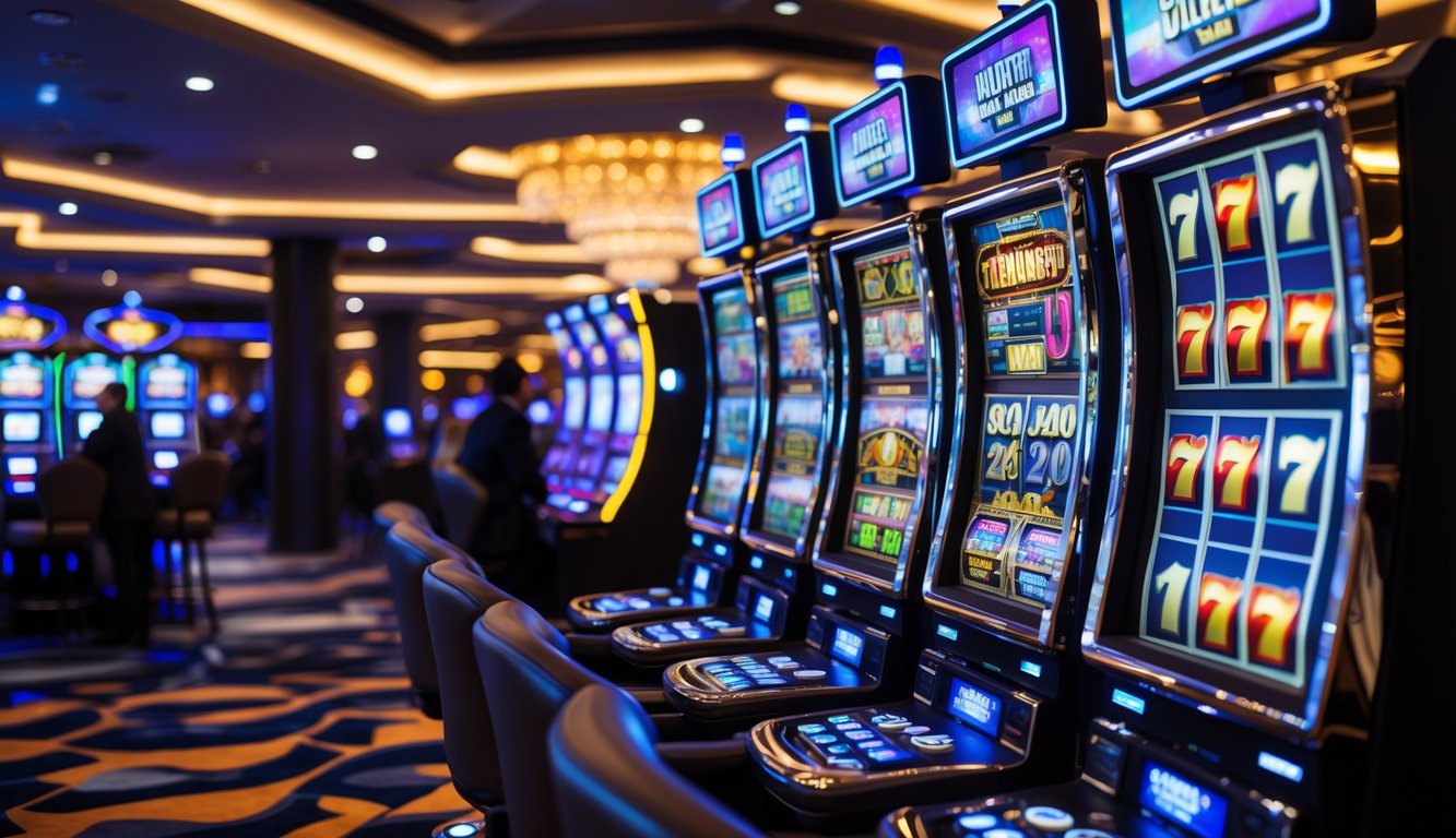 Suasana kasino malam dengan mesin slot menyala dan beberapa pemain fokus bermain.