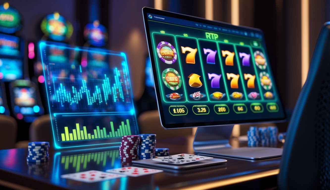 Seorang pengguna duduk di depan komputer yang menampilkan permainan slot online dengan grafik berwarna-warni dan data statistik RTP waktu nyata di layar.