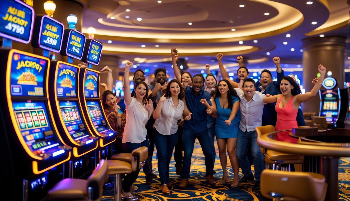 Orang-orang merayakan kemenangan jackpot besar di mesin slot di dalam kasino.