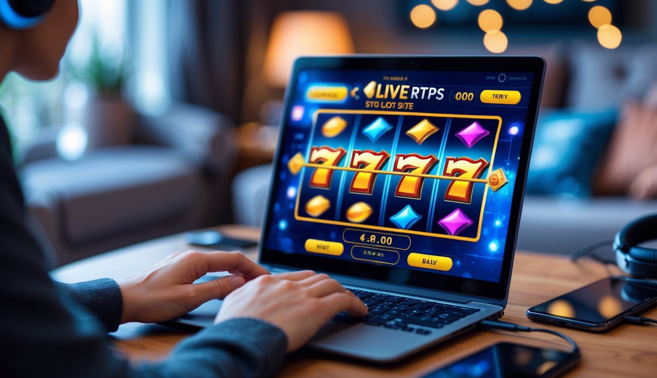 Orang menggunakan laptop dengan permainan slot online yang berwarna-warni di layar dalam ruangan yang nyaman dan terang.
