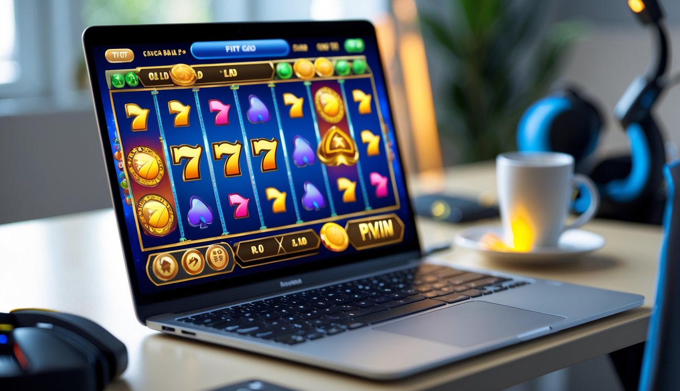 Layar laptop menampilkan permainan slot online dengan simbol warna-warni di meja kerja modern.