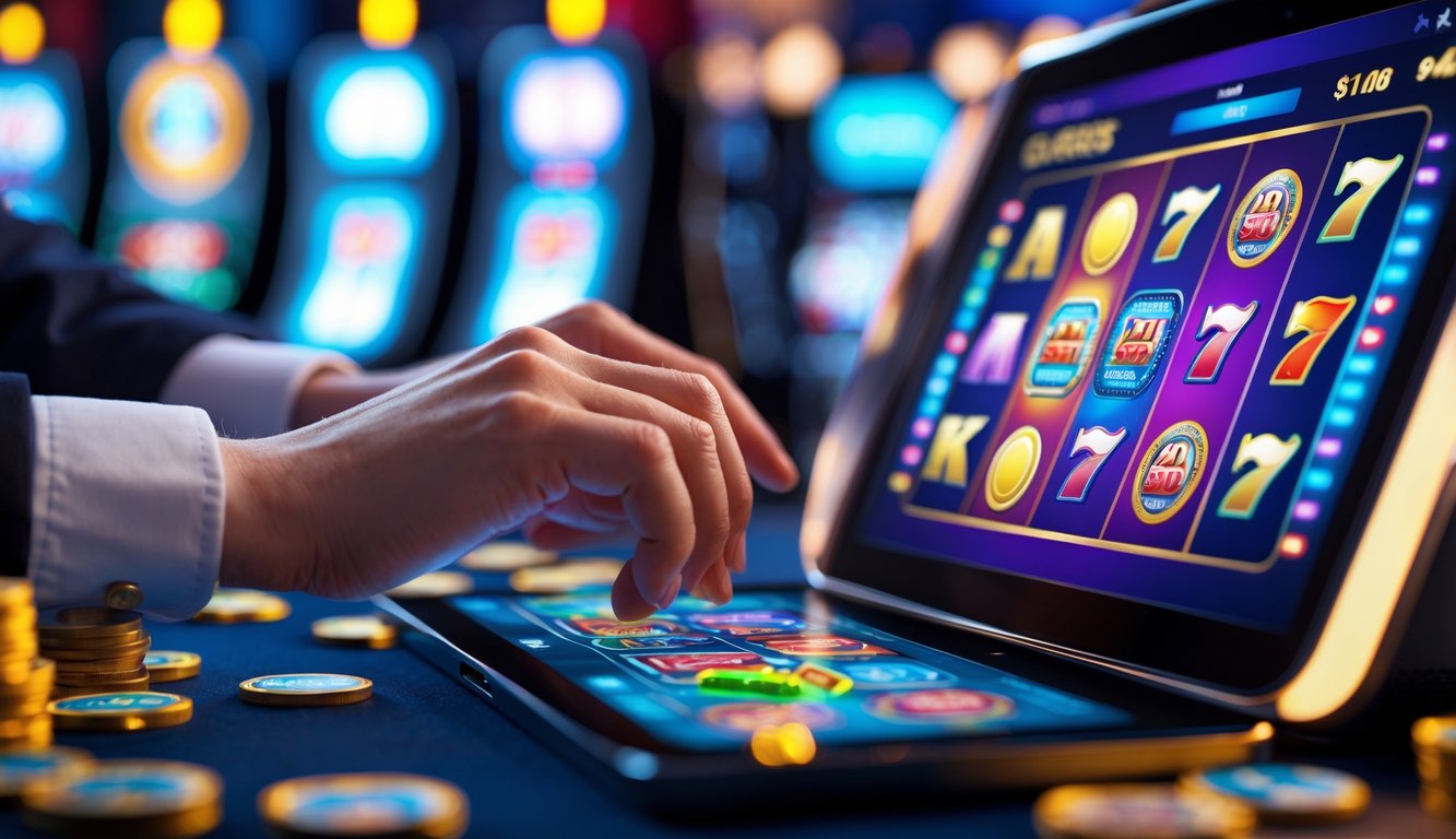 Seseorang menggunakan tablet dengan tampilan mesin slot digital berwarna-warni di latar belakang suasana kasino yang modern.