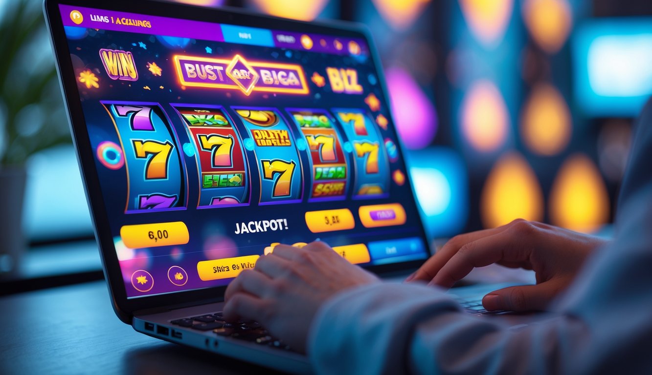 Seseorang menggunakan komputer dengan permainan slot online yang berwarna-warni di layar.