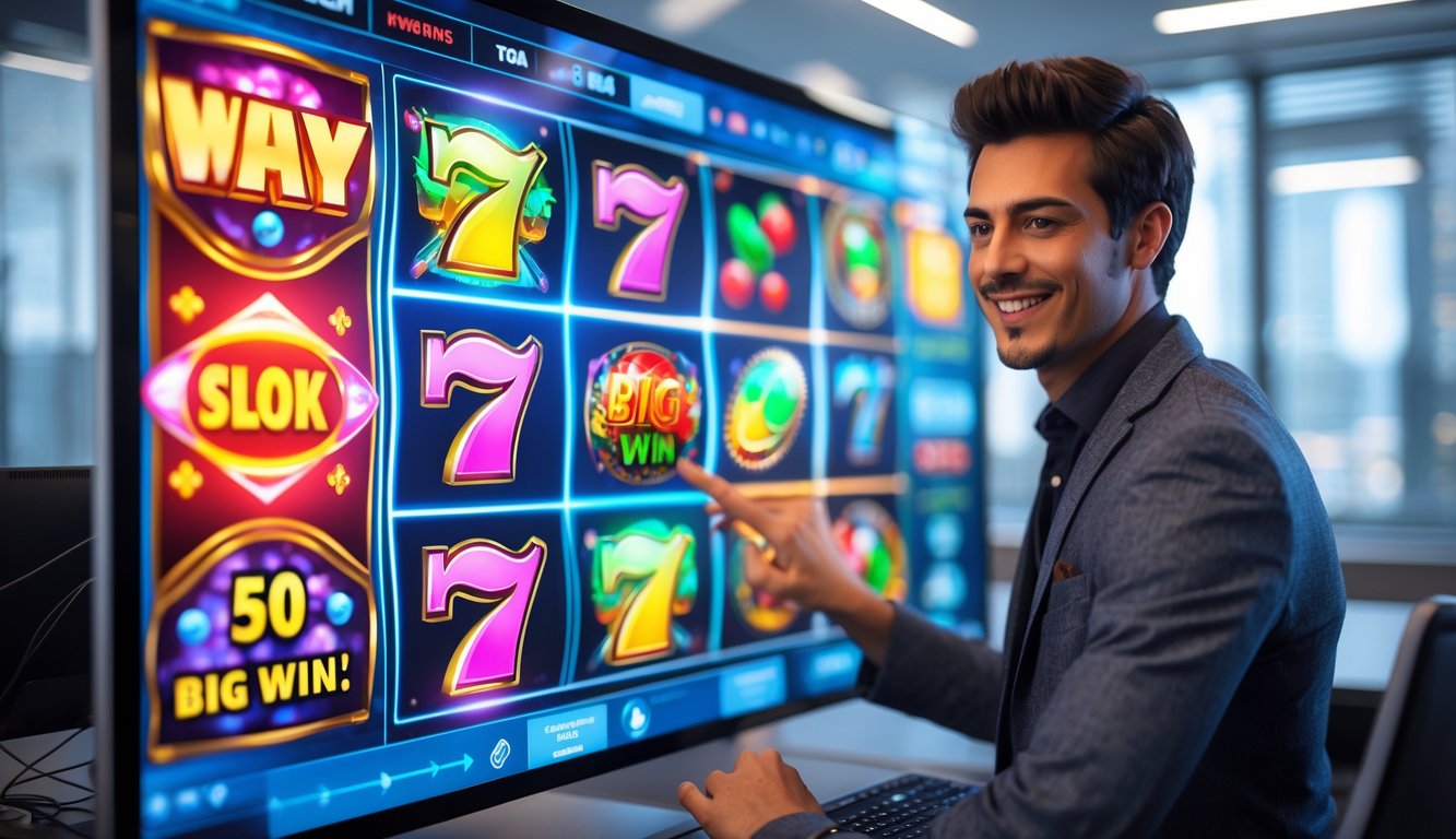 Seseorang sedang menggunakan komputer dengan tampilan permainan slot online yang berwarna-warni dan menunjukkan kemenangan besar.