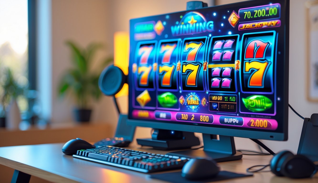 Sebuah meja kerja modern dengan komputer yang menampilkan permainan slot online berwarna-warni di layar.