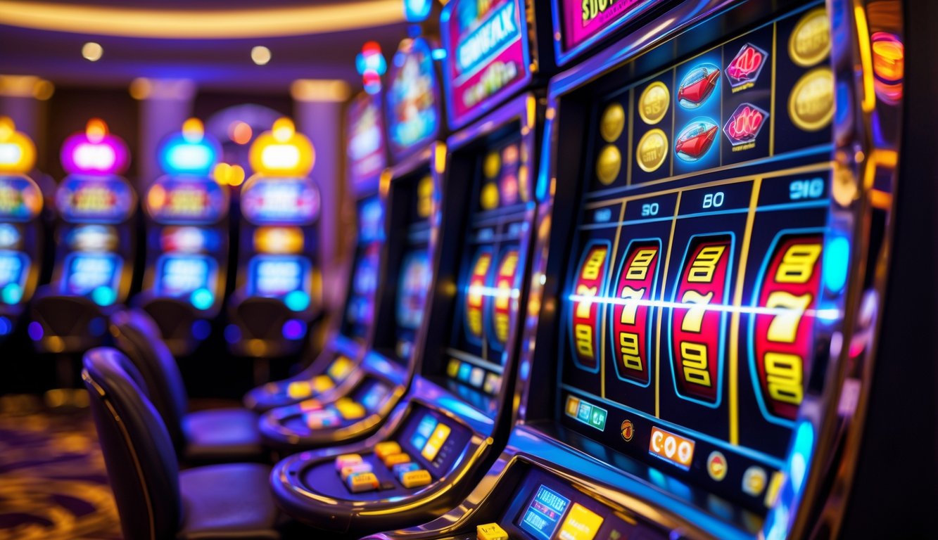 Mesin slot modern dengan lampu warna-warni dan koin emas di latar kasino mewah.