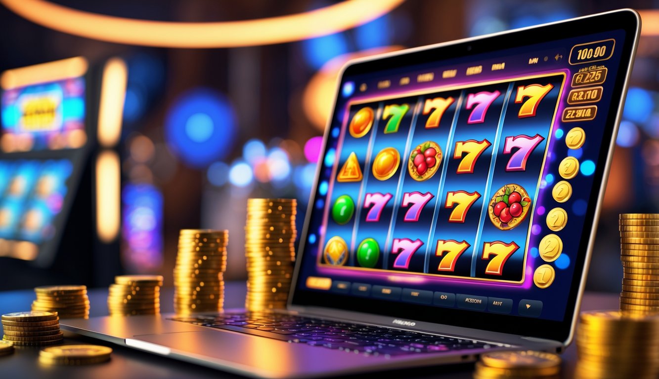 Layar komputer menampilkan permainan mesin slot online dengan simbol warna-warni dan koin emas di sekitarnya.