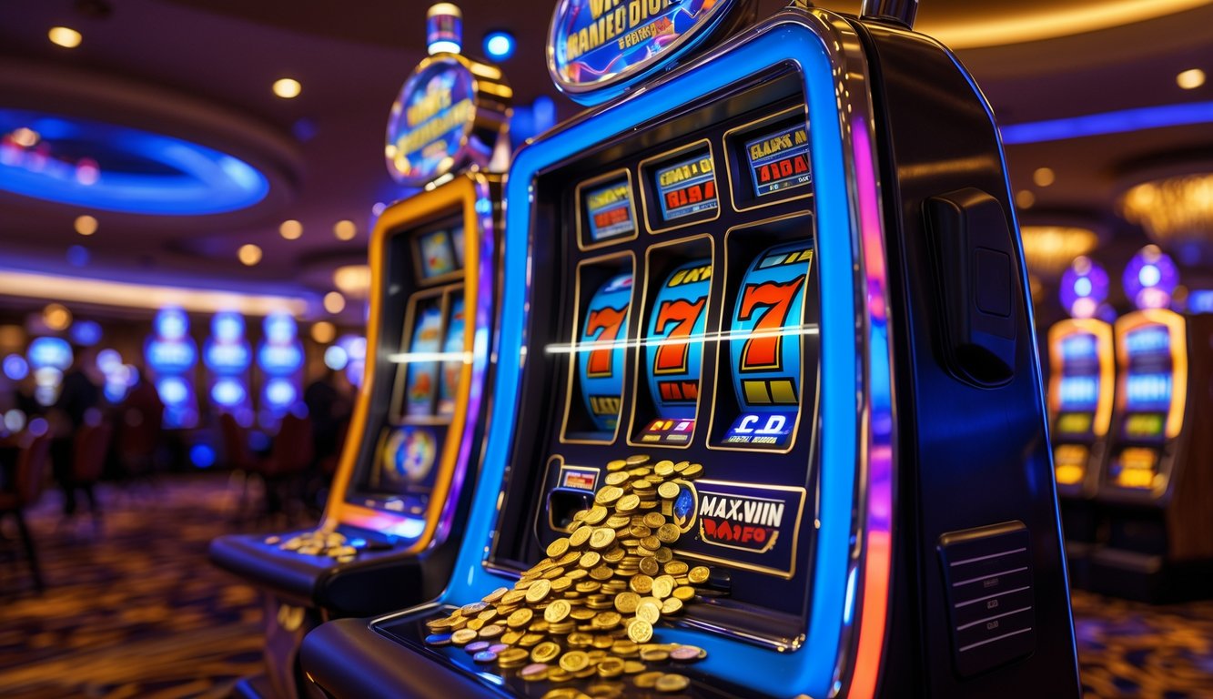 Mesin slot modern yang sedang menampilkan kombinasi kemenangan dengan koin berjatuhan di kasino yang ramai.