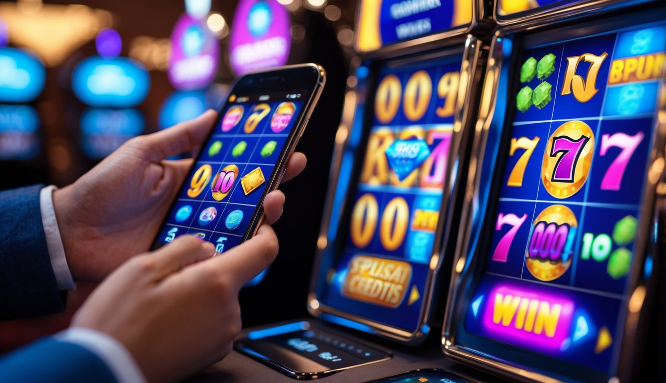 Seseorang memegang ponsel yang menampilkan permainan slot digital dengan latar belakang kasino modern.