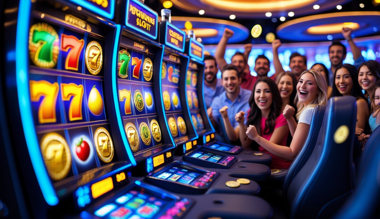 Orang-orang baru yang senang bermain mesin slot di kasino yang terang dan modern dengan mesin slot berwarna-warni dan koin berjatuhan.