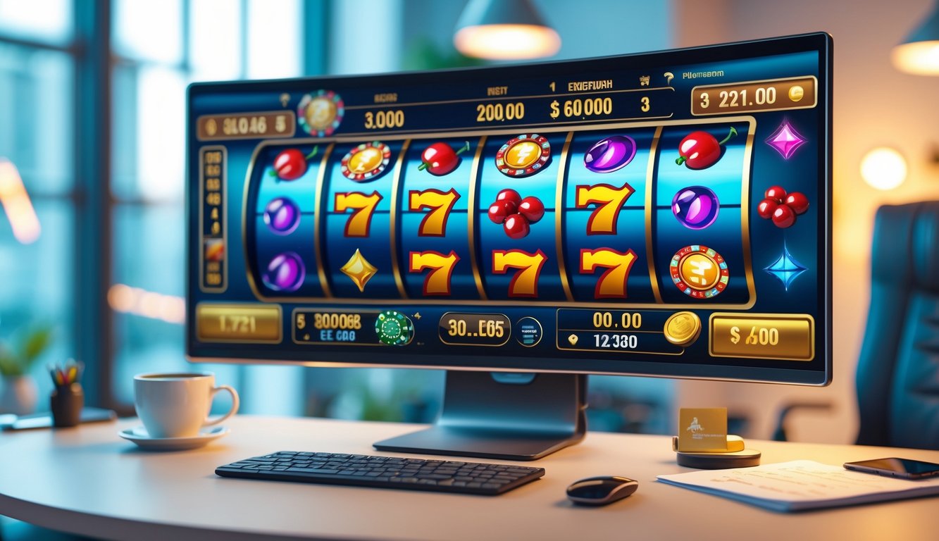 Sebuah monitor komputer menampilkan permainan mesin slot berwarna-warni di sebuah meja kerja modern.