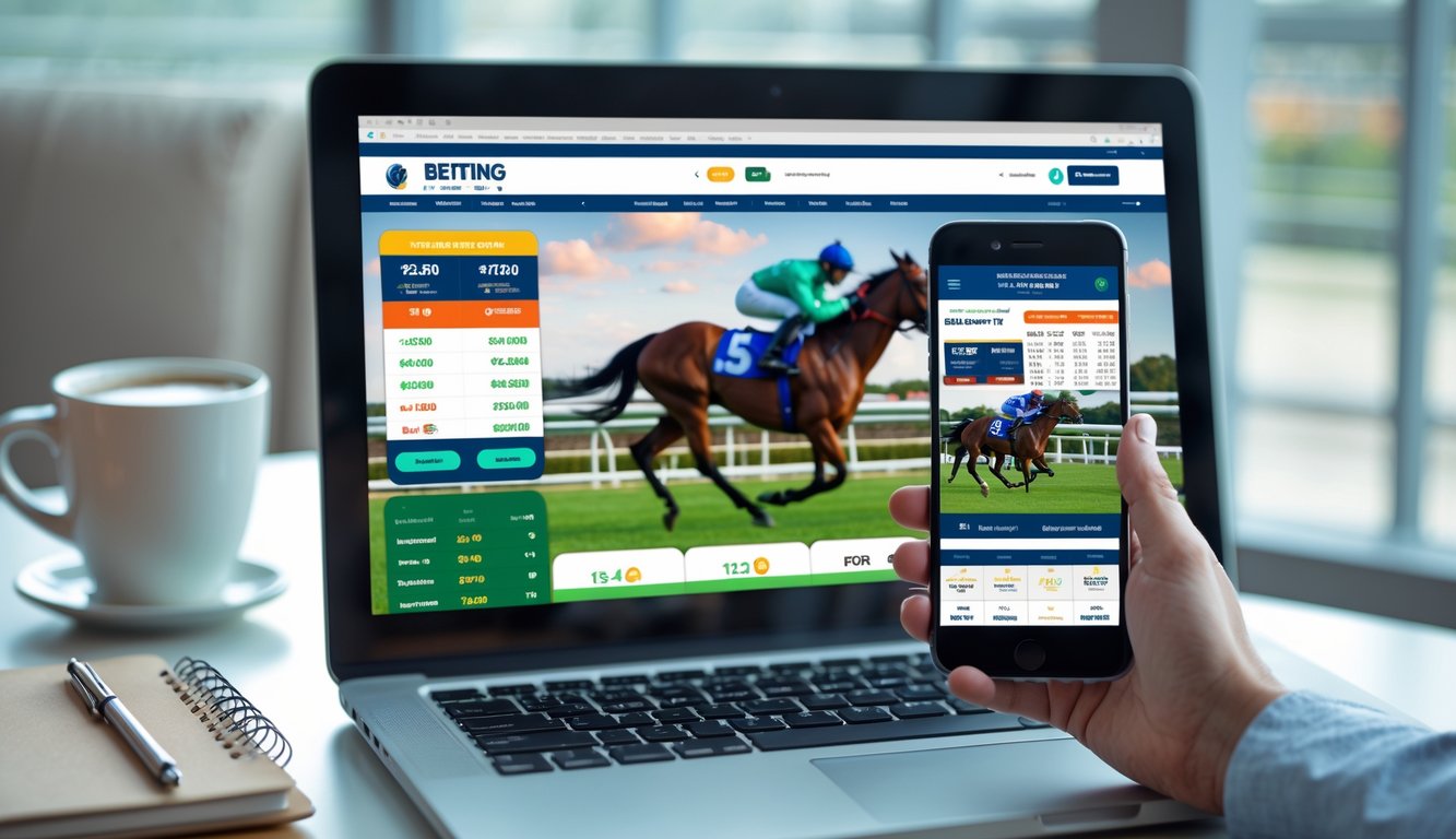 Seseorang menggunakan komputer dan ponsel untuk memasang taruhan balap kuda online dengan latar belakang trek balap dan kuda yang sedang berlari.