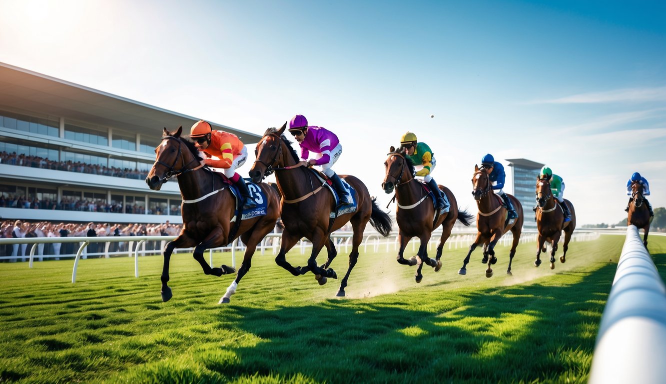 Beberapa kuda pacu dengan joki sedang berlari cepat di lintasan balap kuda dengan penonton di tribun.