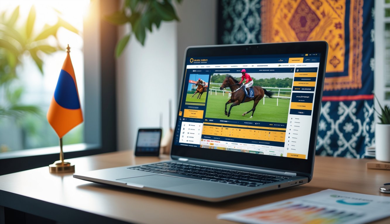 Seorang pria duduk di depan laptop dengan tampilan balapan kuda di layar, di meja terdapat bendera kecil Indonesia dan latar belakang dengan pola batik.