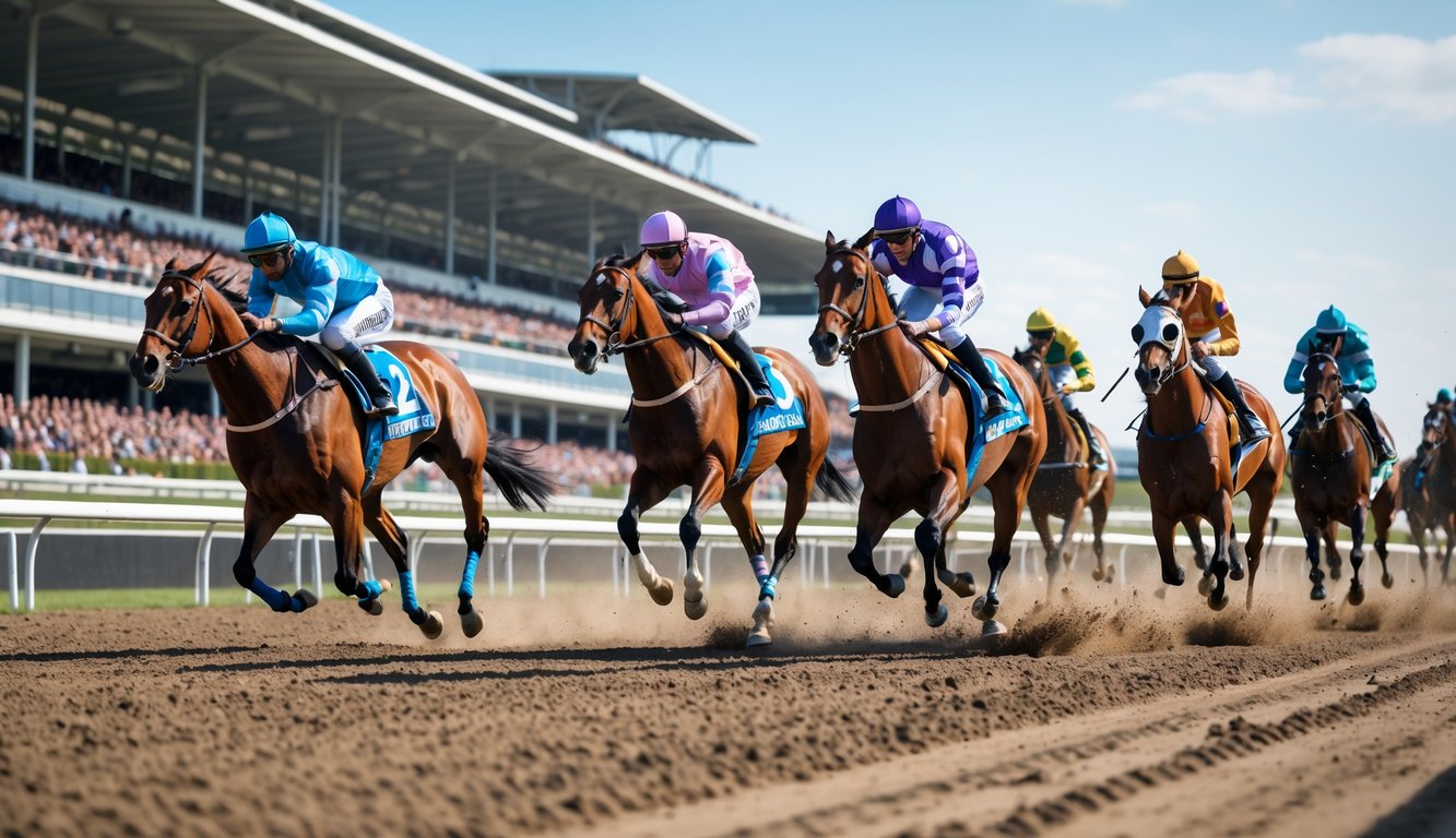 Beberapa kuda pacuan dengan joki sedang berlari cepat di lintasan balap dengan penonton di tribun yang ramai.