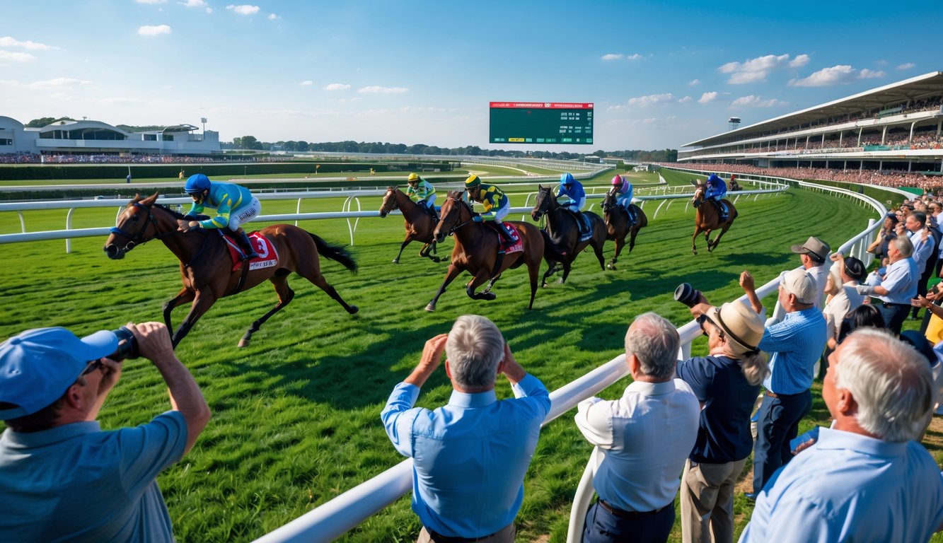 Beberapa kuda pacuan berlari cepat di lintasan dengan para penonton yang antusias menyaksikan dari tribun.