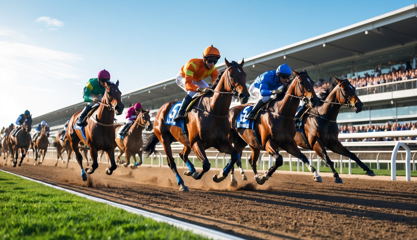 Beberapa kuda pacuan sedang berlari cepat di lintasan balap dengan penonton di tribun di latar belakang.