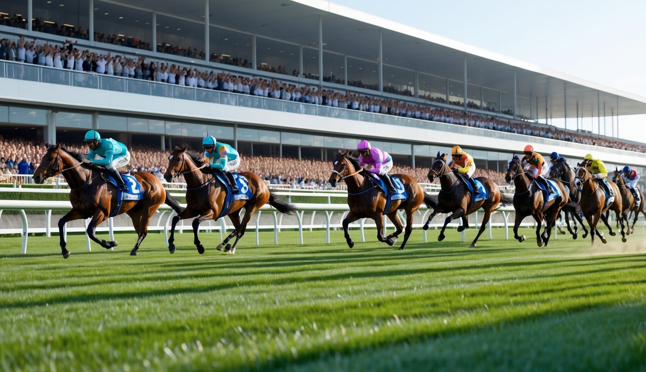 Beberapa kuda pacuan berlari cepat di lintasan balap dengan joki mengenakan pakaian warna-warni, dikelilingi oleh rumput hijau dan penonton di latar belakang.