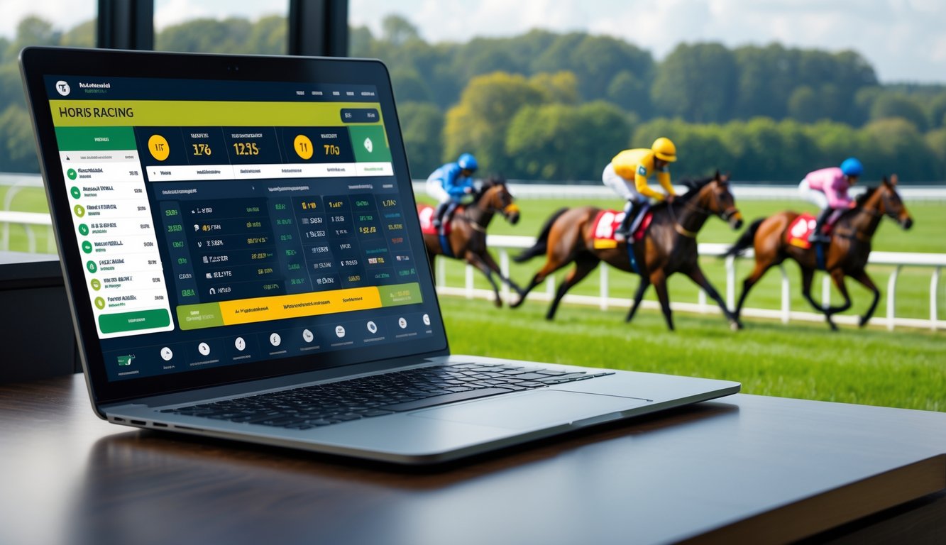 Seorang pengguna melihat layar perangkat digital yang menampilkan taruhan balap kuda online dengan latar belakang balapan kuda yang sedang berlangsung di trek hijau.