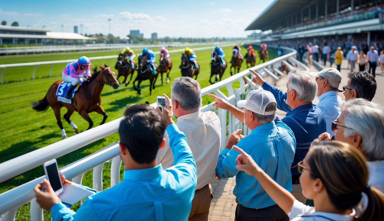 Orang-orang sedang memasang taruhan sambil menyaksikan balapan kuda di lintasan pacuan kuda.