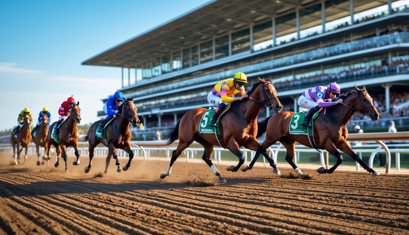Beberapa kuda pacu sedang berlari cepat di lintasan dengan joki mengenakan pakaian balap berwarna-warni, di depan tribun penonton yang ramai.