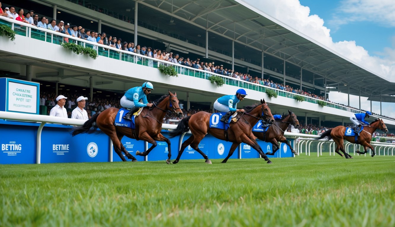 Lomba balap kuda resmi di Indonesia dengan joki sedang berlomba dan penonton menyaksikan dari tribun.