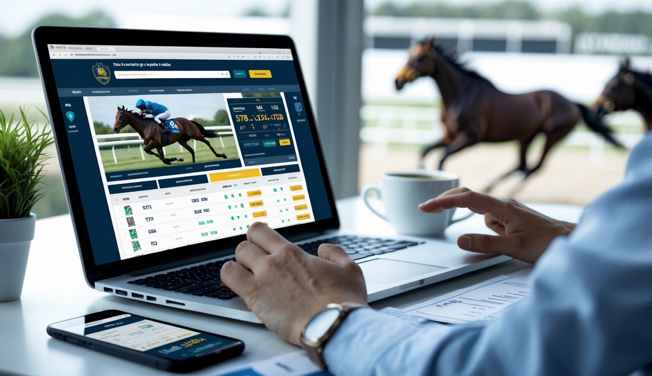 Seseorang menggunakan laptop dengan tampilan situs taruhan balap kuda online, di meja terdapat ponsel dan secangkir kopi.