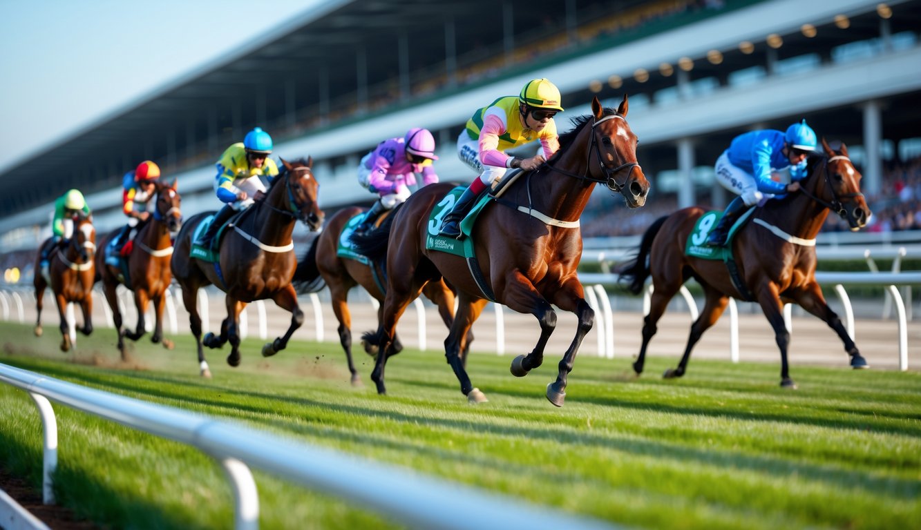 Beberapa kuda pacuan sedang berlari cepat dengan joki di lintasan balap kuda di siang hari.