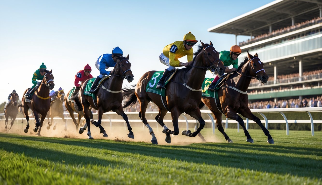 Beberapa kuda pacuan dengan joki berwarna-warni sedang berlari cepat di lintasan balap dengan penonton di latar belakang.