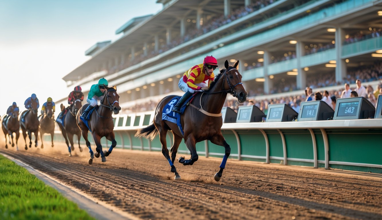 Adegan balapan kuda di lintasan dengan penonton dan petaruh yang sedang memasang taruhan.