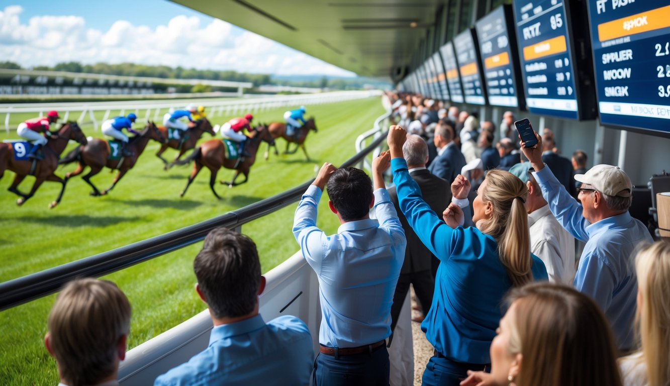 Orang-orang sedang memasang taruhan balap kuda di arena balap dengan kuda-kuda berlari di latar belakang.
