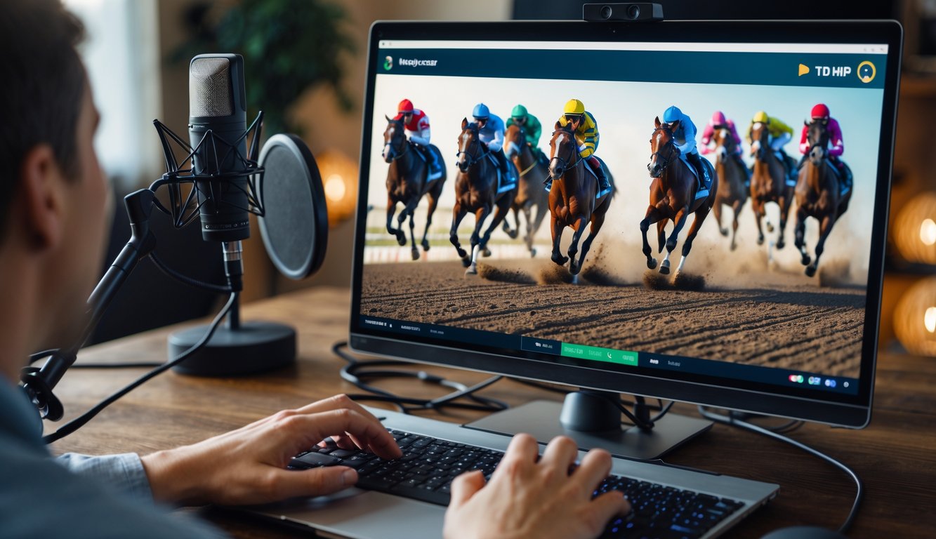 Seseorang sedang melakukan siaran langsung pacuan kuda online dengan layar komputer yang menampilkan balapan kuda.