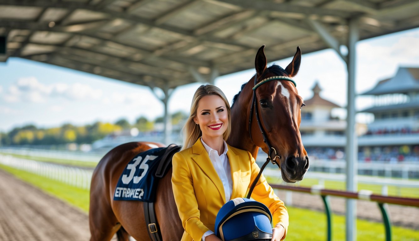 Seorang wanita berdiri di samping kuda pacu di trek balap kuda dengan latar belakang tribun penonton.