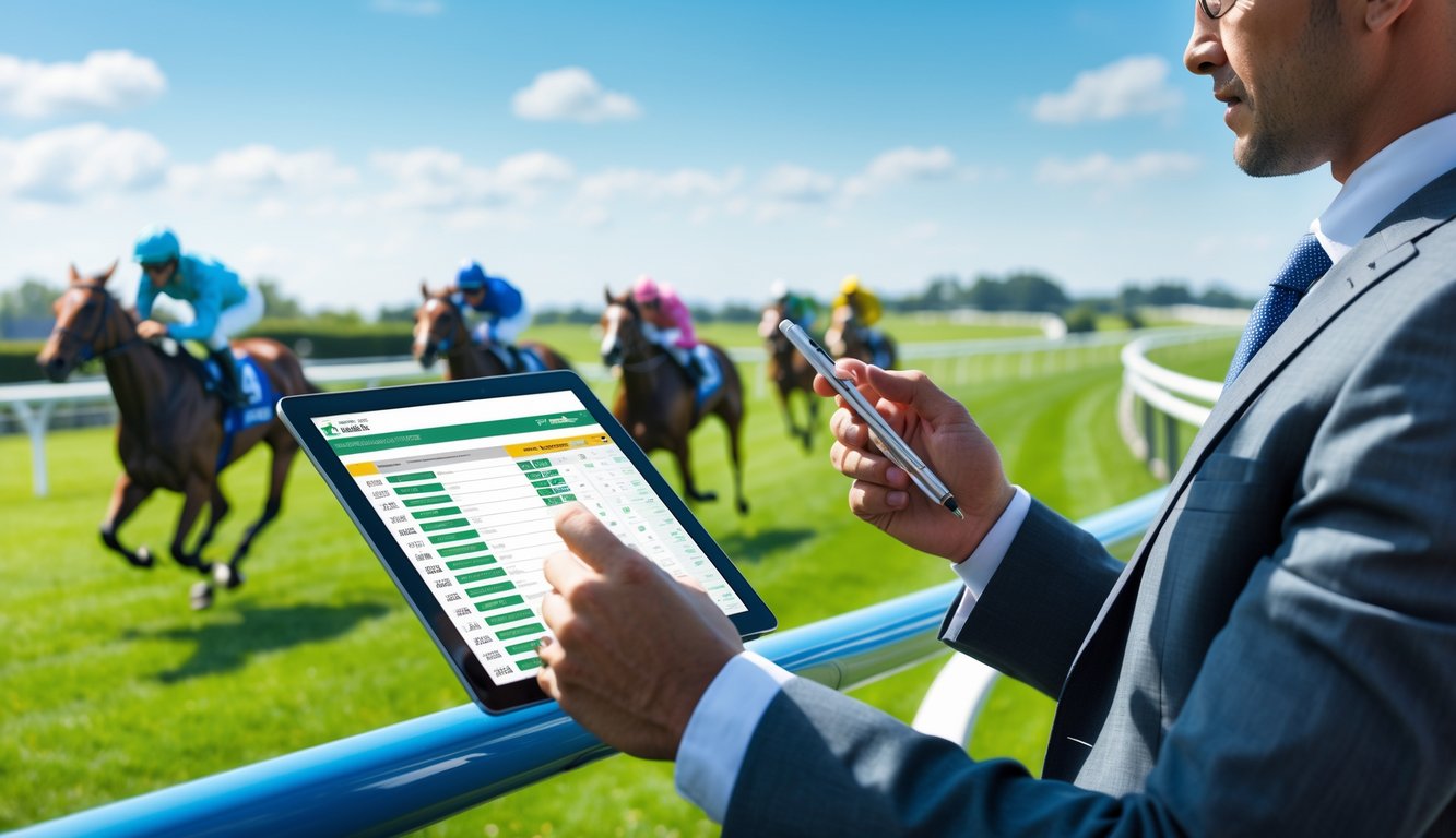 Seorang pria berpakaian rapi memegang slip taruhan dan pena di dekat lintasan balap kuda dengan kuda dan joki sedang berlomba di latar belakang.