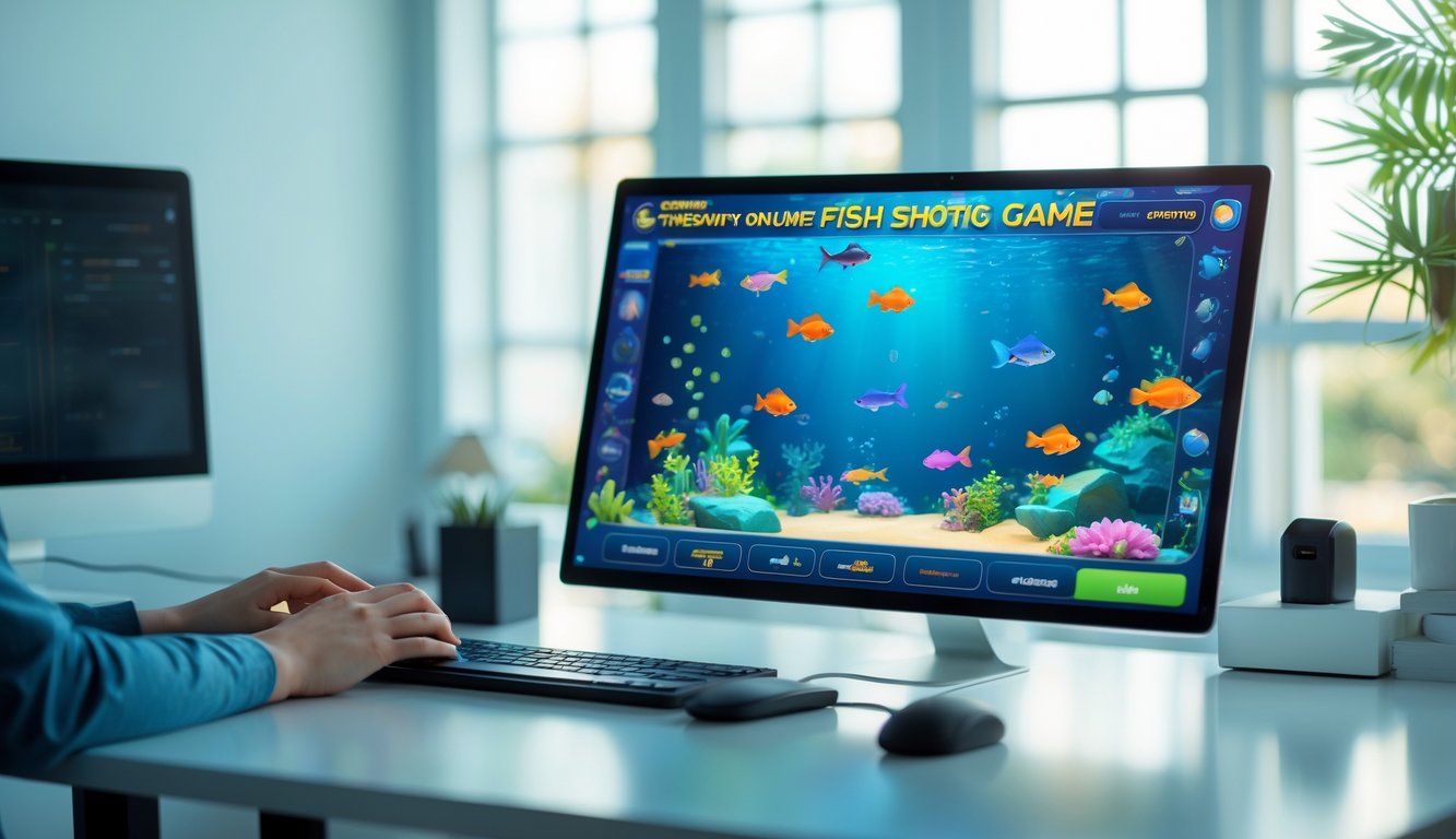 Sebuah komputer menampilkan permainan tembak ikan dengan berbagai ikan berwarna-warni di layar dalam ruangan yang rapi dan terang.