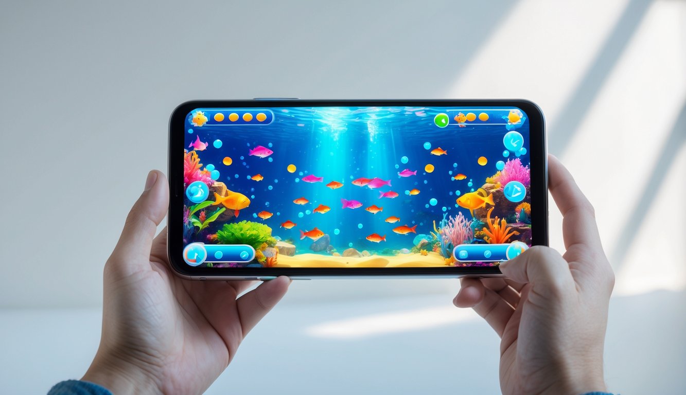 Seseorang memegang ponsel yang menampilkan permainan ikan tembak dengan latar bawah laut berwarna-warni.