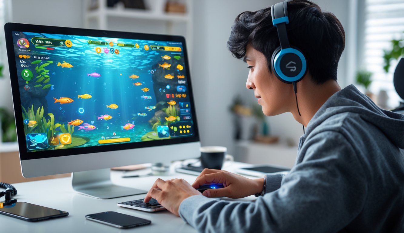 Seorang dewasa muda sedang serius bermain permainan tembak ikan online di laptop di ruang kerja rumah yang nyaman.