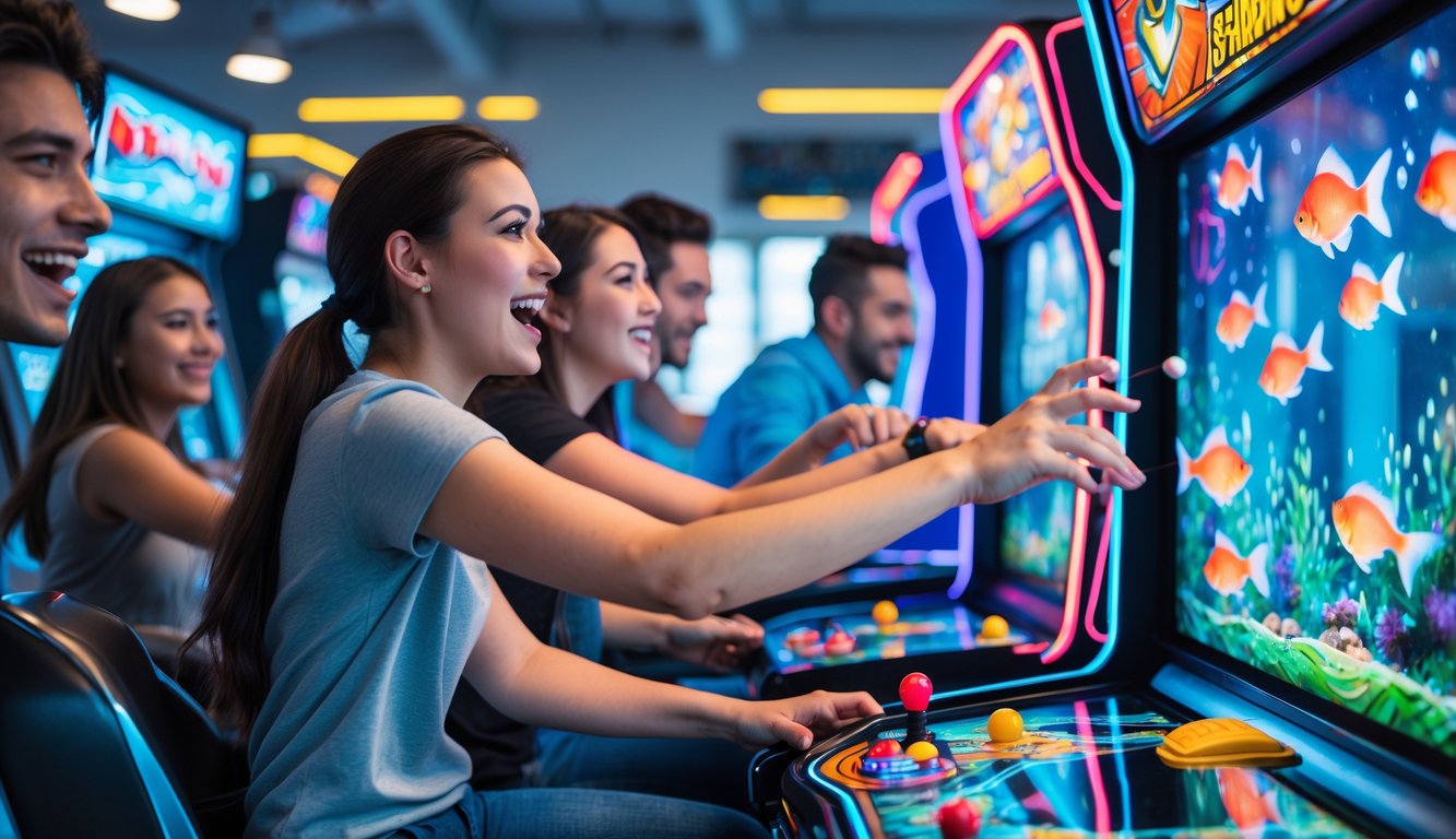 Beberapa orang muda sedang bermain mesin permainan tembak ikan di dalam arcade dengan lampu warna-warni.