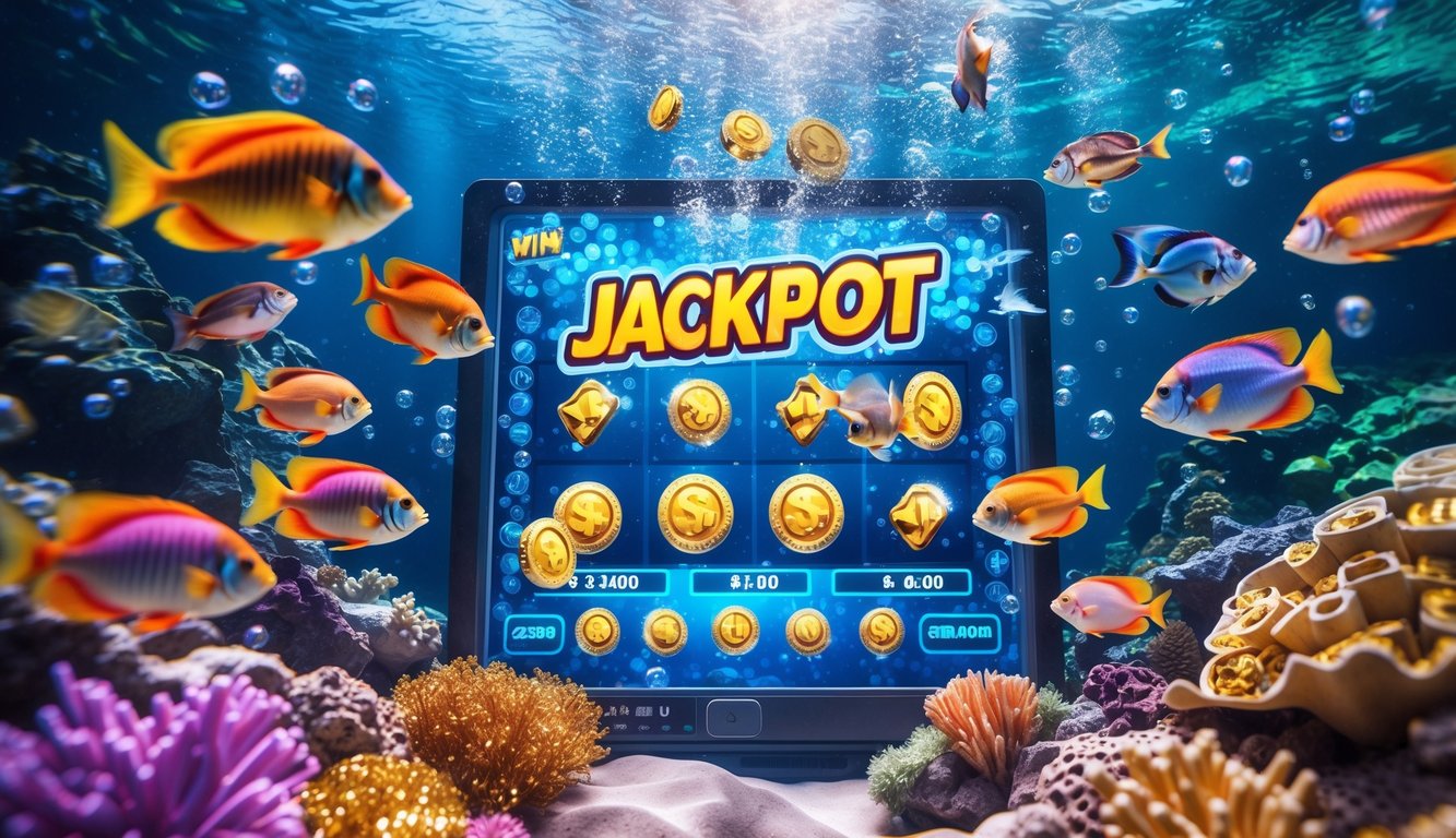 Pemandangan bawah laut dengan ikan-ikan berwarna-warni dan koin emas yang bersinar menandakan kemenangan jackpot besar dalam permainan tembak ikan.