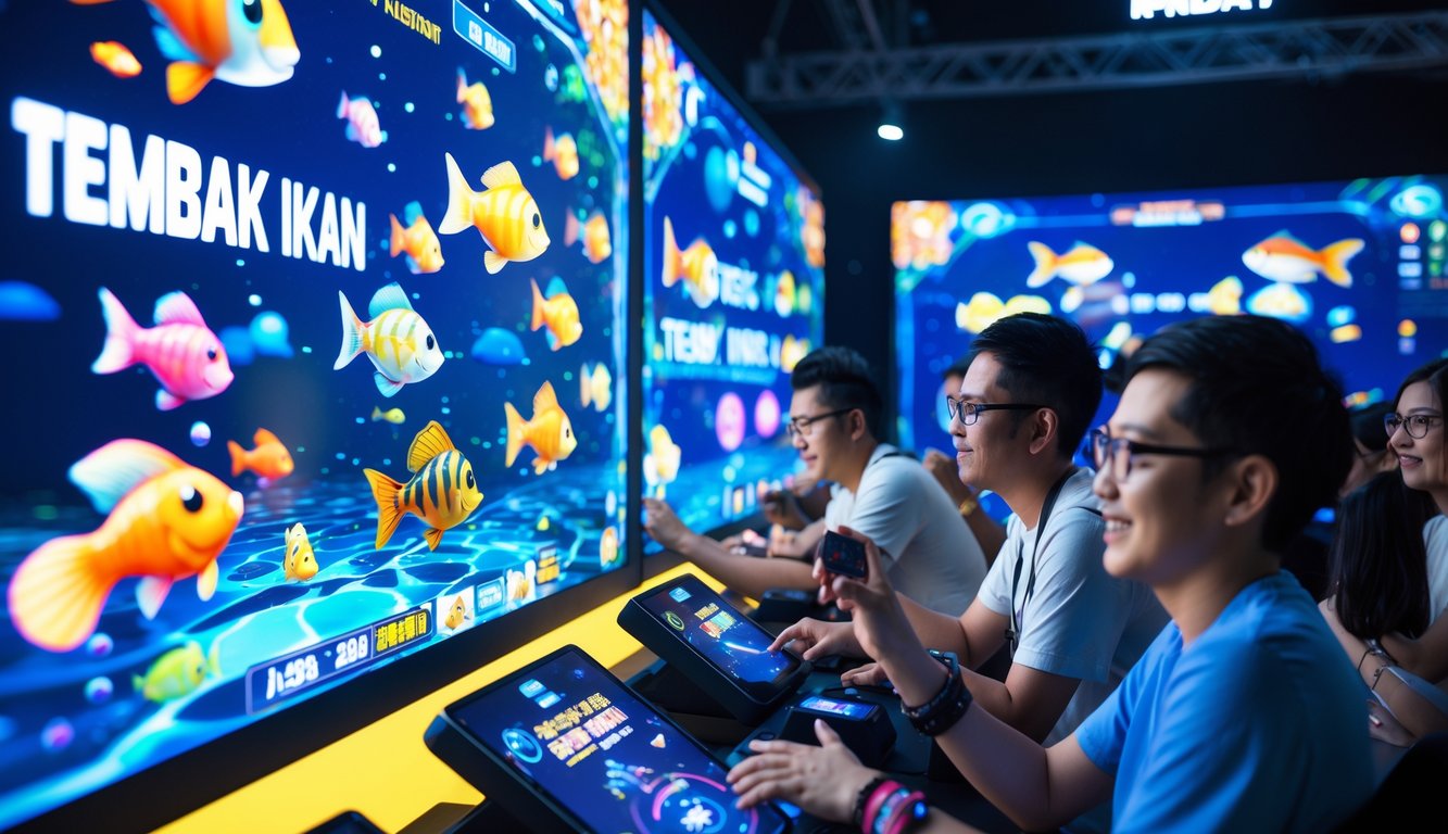Beberapa pemain sedang bermain game tembak ikan online secara bersamaan dengan layar penuh warna dan animasi ikan di depan mereka.