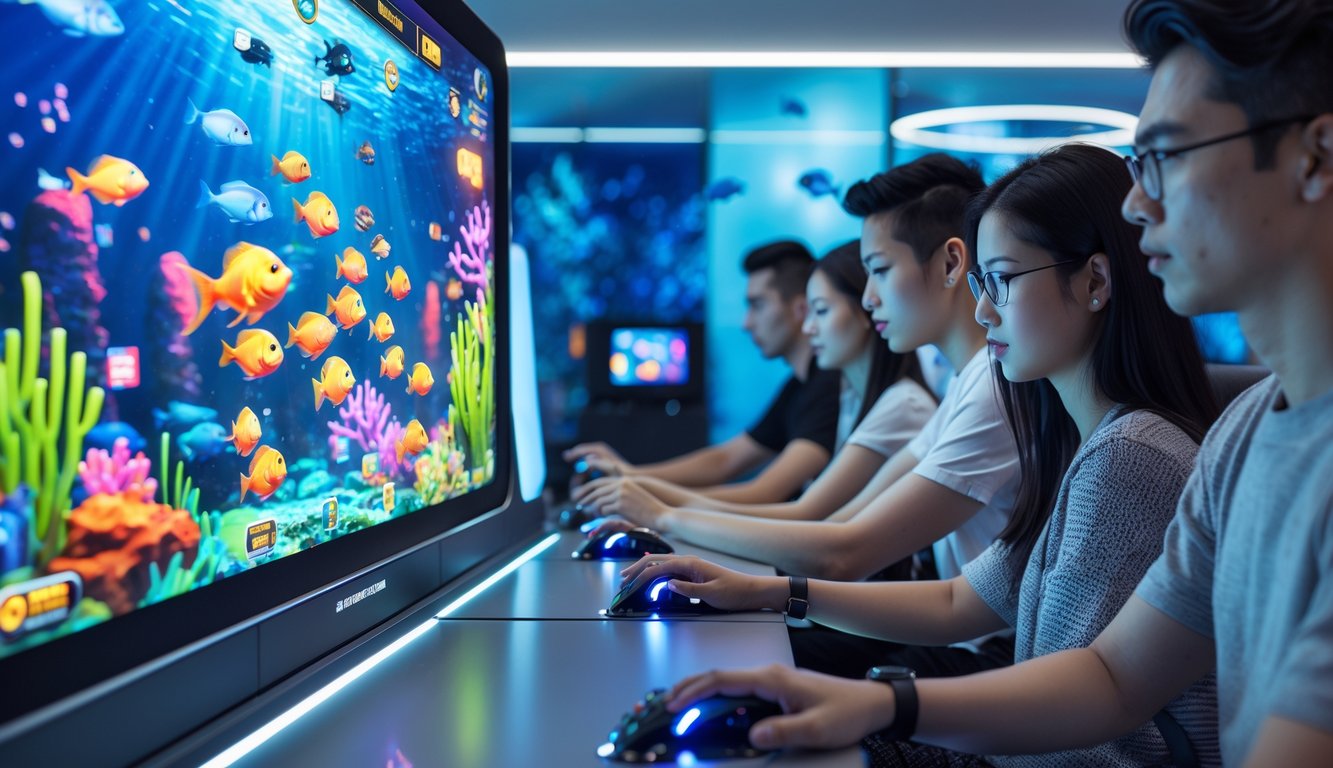 Orang-orang muda sedang bermain game tembak ikan di sebuah ruang permainan modern dengan latar bawah laut berwarna-warni.