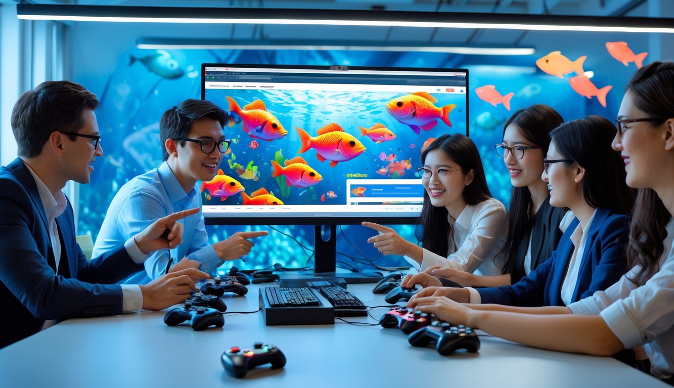 Sekelompok profesional muda sedang berdiskusi di kantor modern dengan layar komputer menampilkan grafik ikan berwarna-warni dan antarmuka permainan.