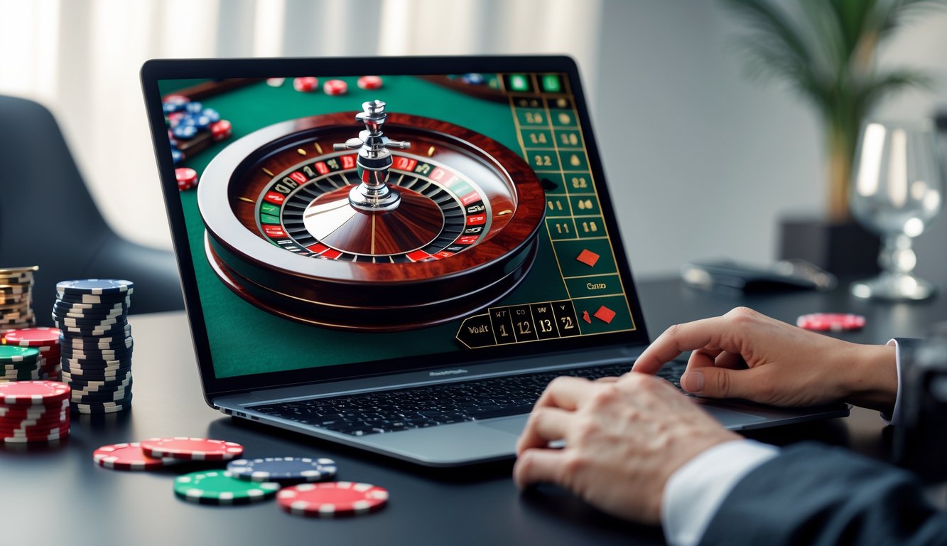 Sebuah setup permainan roulette online dengan komputer menampilkan roda roulette yang berwarna cerah dan suasana yang bersih dan profesional.