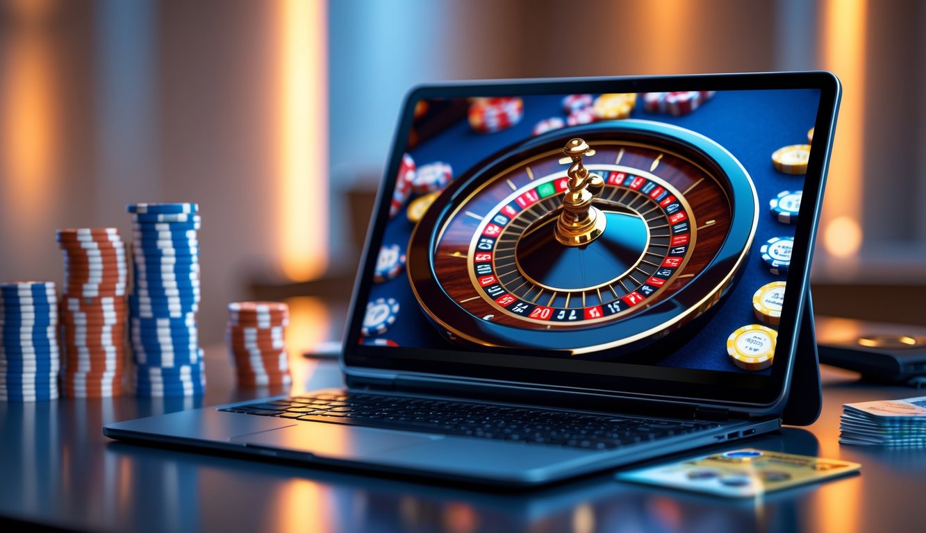Sebuah perangkat menampilkan permainan roulette online dengan chip kasino dan uang nyata di sekitarnya.