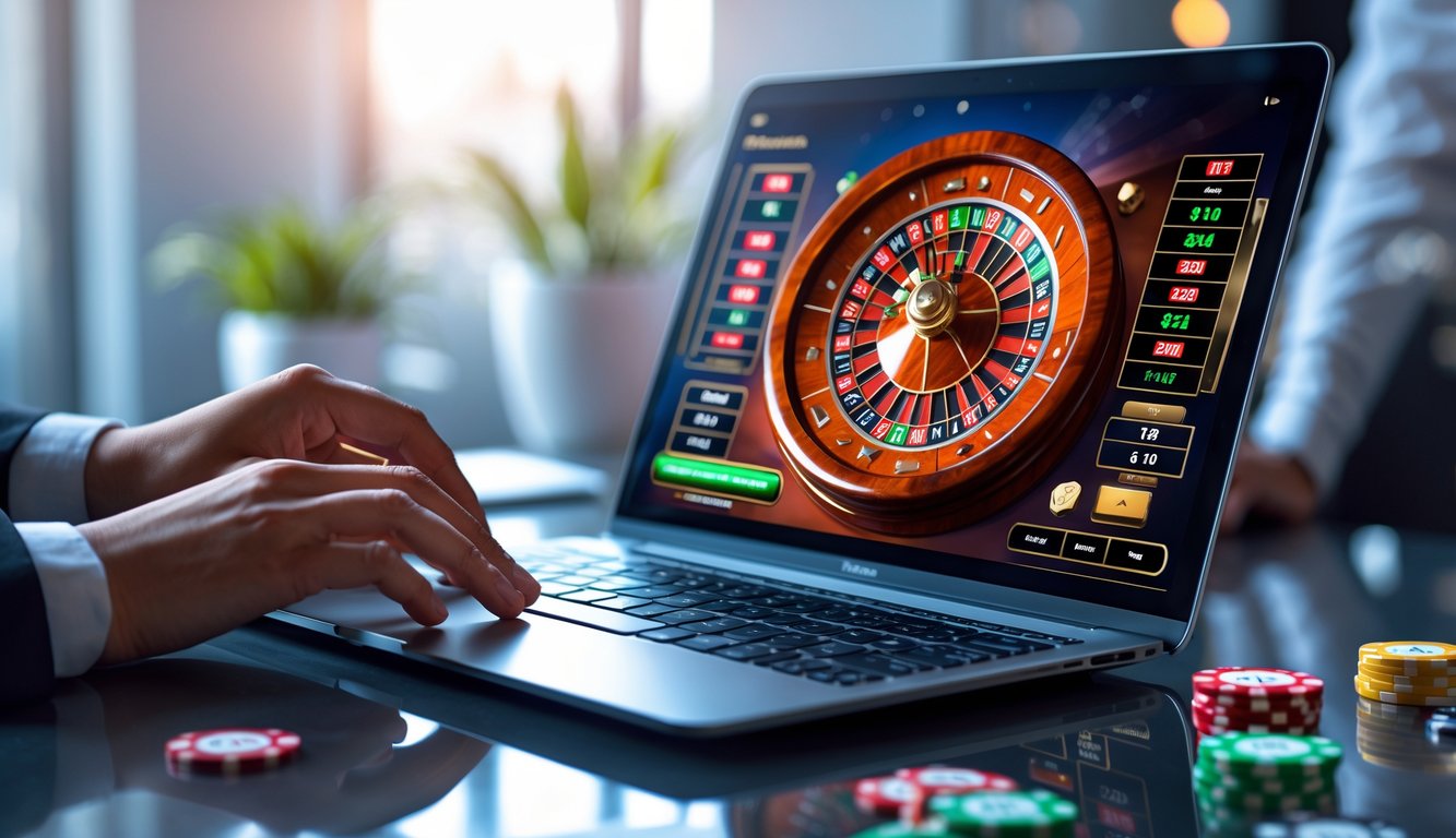 Seseorang bermain roulette online di laptop di atas meja yang rapi dengan pencahayaan lembut.