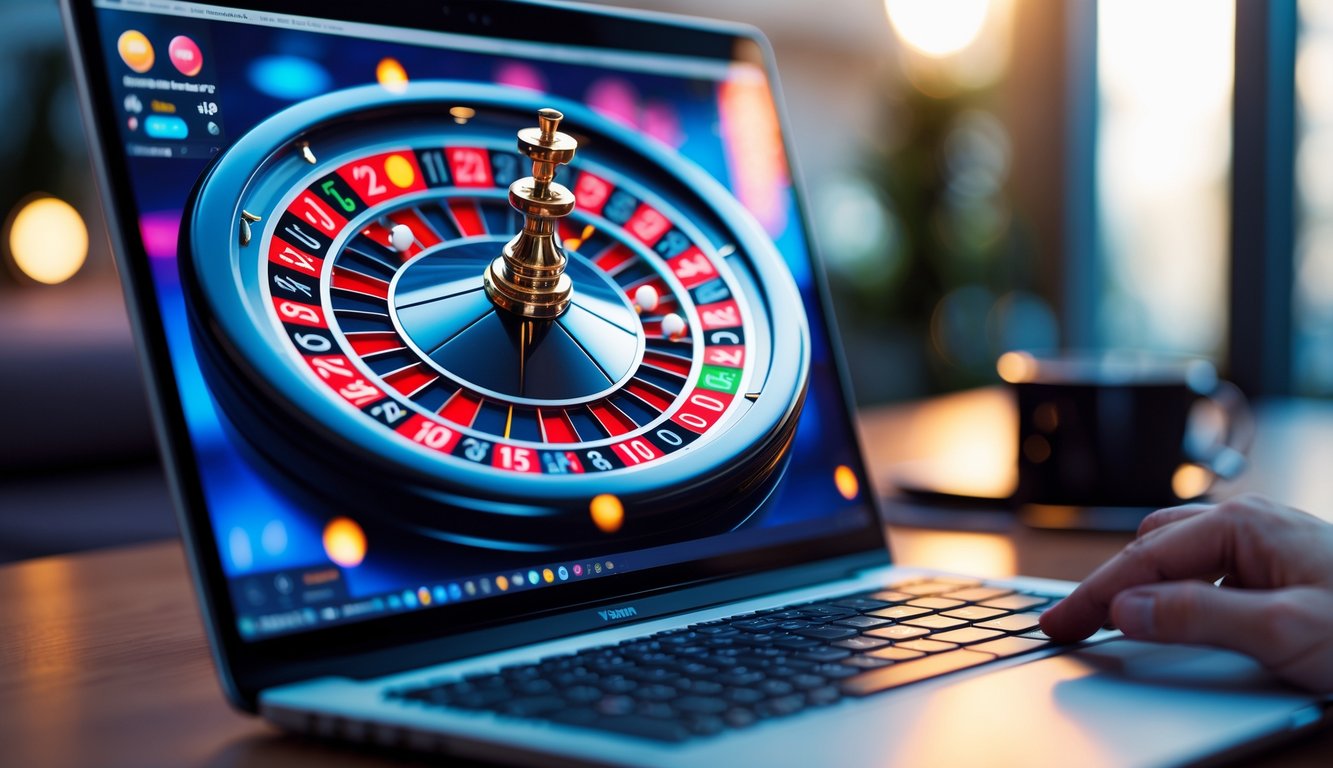 Sebuah layar komputer menampilkan roda roulette digital dengan bola putih yang bergerak, di lingkungan rumah atau kantor yang modern.