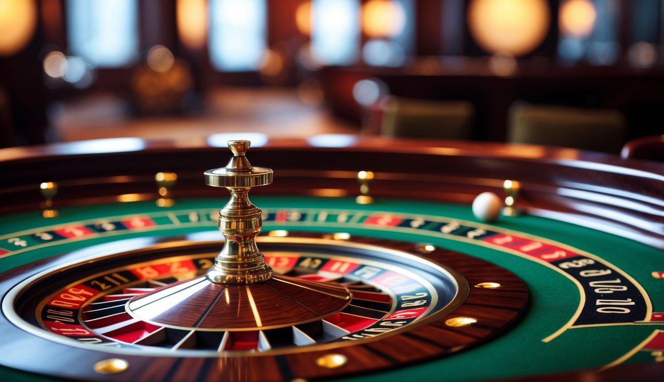 Meja roulette kasino dengan roda roulette berputar dan bola putih di atasnya, di dalam ruangan mewah dengan pencahayaan hangat.