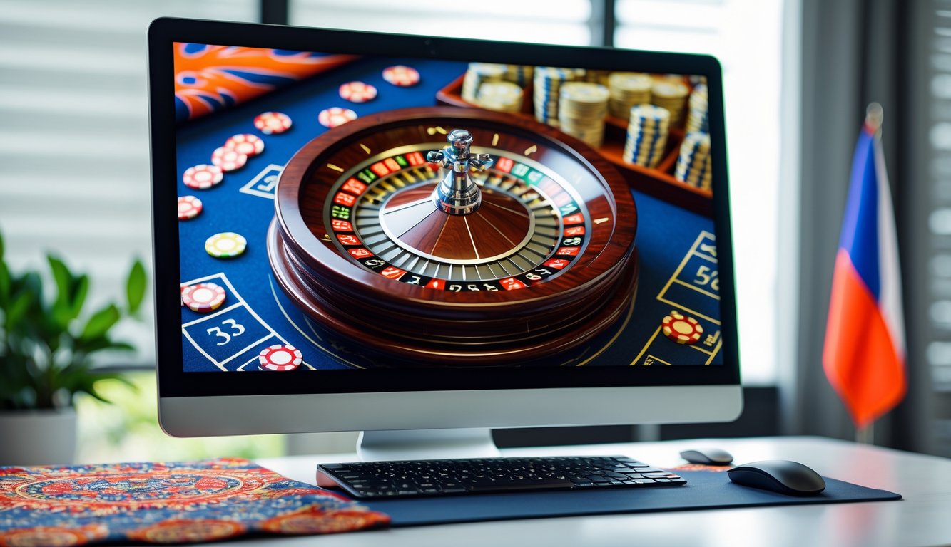 Sebuah meja kerja dengan komputer menampilkan roda roulette digital dan chip warna-warni, dengan elemen budaya Indonesia seperti pola batik atau warna merah putih di latar belakang.